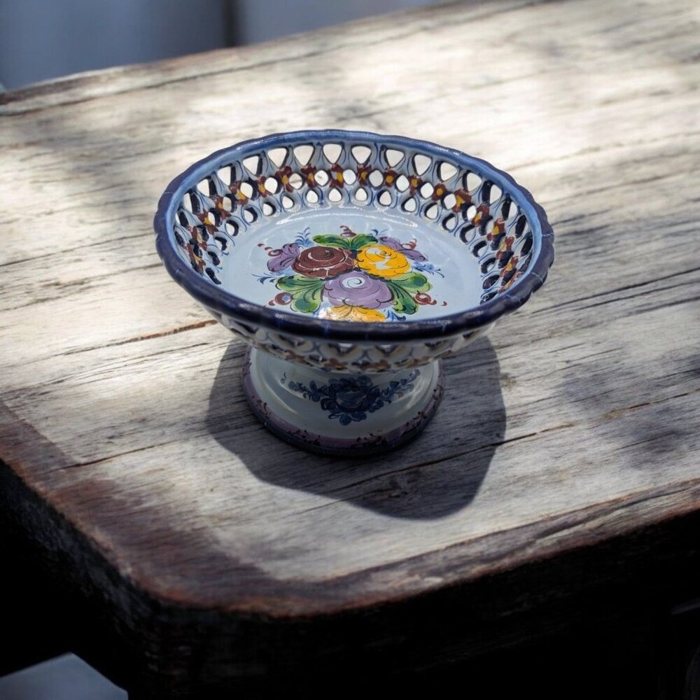 Handpainted Portugal Pottery Open Candy/Footed Compote/Footed Bowl READ